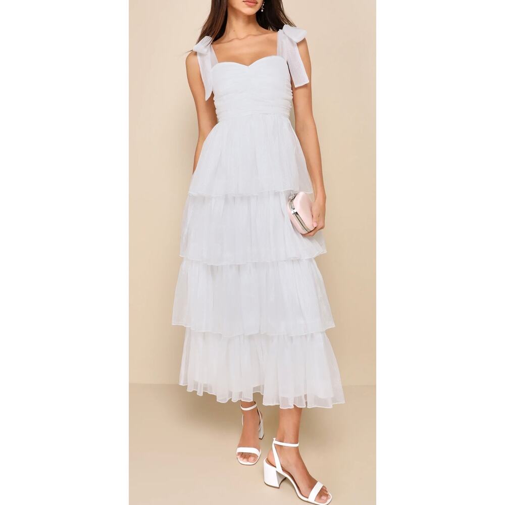 Lulus Radiant Arrival White Organza Tiered Maxi Dress NWT XL